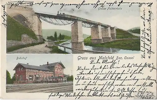 AK Gruss aus Malsfeld. Bez. Cassel Bahnhof. Grosse Fuldabrücke. ca... Postkarte