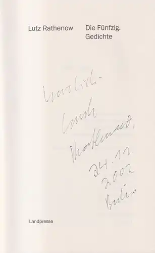 Buch: Die Fünfzig. Gedichte. Rathenow, Lutz, 2002, Landpresse, signiert