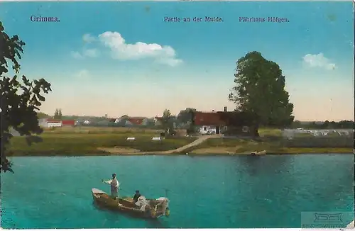 AK Grimma. Partie an der Mulde. Fährhaus Höfgen. ca. 1917, Postkarte. Serien Nr