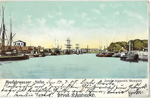 AK Neufahrwasser-Hafen. Dampfer Anlegestelle Westerplatte. ca. 1908, Postkarte