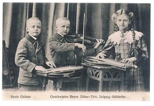 AK Geschwister Beyer Zither-Trio. Leipzig-Stötteritz. Beste Grüsse, Postkarte
