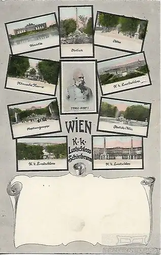 AK Wien. Franz Josef I. Obelisk. Allee. Römische Ruine. ca. 1906, Postkarte