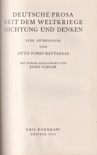 Buch: Deutsche Prosa seit dem Weltkriege, Otto Forst-Battaglia, Emil Rohmkopf