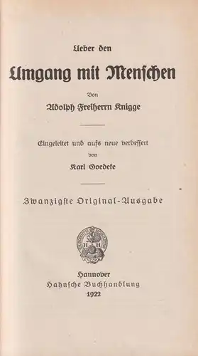 Buch: Über den Umgang mit Menschen, Knigge, 1922, Hahnsche Buchhandlung