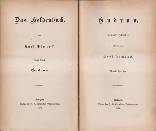 Buch: Gudrun, Deutsches Heldenlied. Karl Simrock, 1874, Cotta, Das Heldenbuch 1