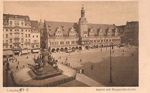 AK Leipzig. Markt mit Siegesdenkmal. ca. 1919, Postkarte. 1919, gebraucht, gut