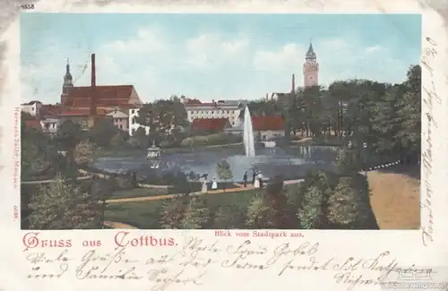 AK Gruss aus Cottbus. Blick vom Stadtpark aus. ca. 1901, Postkarte. Serien Nr