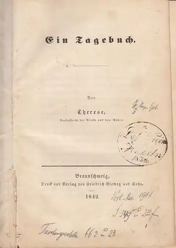 Buch: Ein Tagebuch, Therese. 1842, Verlag von Friedrich Vieweg und Sohn