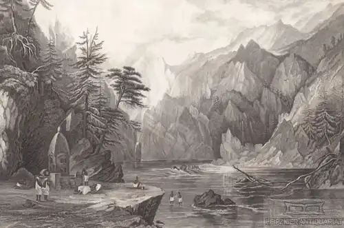 Die Ganges-Quelle in Indien. aus Meyers Universum, Stahlstich. Kunstgrafik, 1850