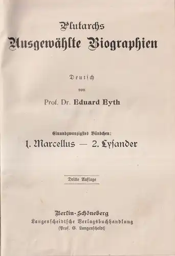 Buch: Plutarchs ausgewählte Biographien, Band 21 - Marcellus / Lysander, E. Eyth