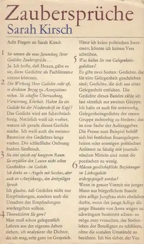 Buch: Zaubersprüche, Kirsch, Sarah. 1977, Aufbau-Verlag, gebraucht, gut