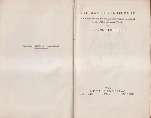 Buch: Die Maschinenstürmer, Toller, Ernst. 1922, E. P. Tal & Co. Verlag