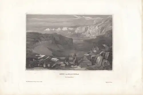 Ruinen von Selah (Petra) in Arabien. aus Meyers Universum, Stahlstich. 1850