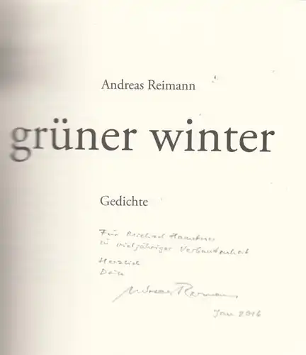 Buch: grüner winter, Reimann, Andreas. Poet in residence, 2015, Gedichte