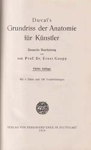 Buch: Duval's Grundriss der Anatomie für Künstler, E. Gaupp, 1919, Enke Verlag