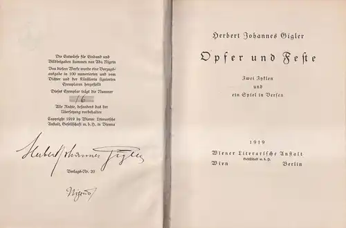 Buch: Opfer und Feste, Zwei Zyklen ..., H. J. Gigler / A. Nigrin, 1919, signiert