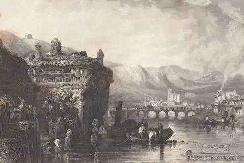 Irun und die Brücke über die Bidassoa. aus Meyers Universum, Stahlstich. 1850