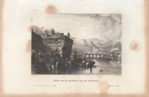 Irun und die Brücke über die Bidassoa. aus Meyers Universum, Stahlstich. 1850