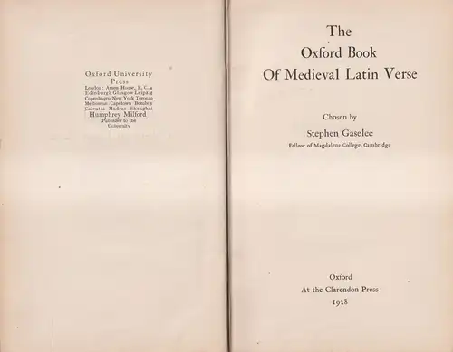 Buch: The Oxford Book Of Medieval Latin Verse, Stephen Gaselee, 1928, Clarendon
