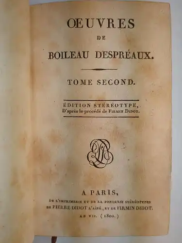 Buch: Oeuvres de Boileau Despreaux. Nicolas Boileau, 1800, Didot, 2 Bände