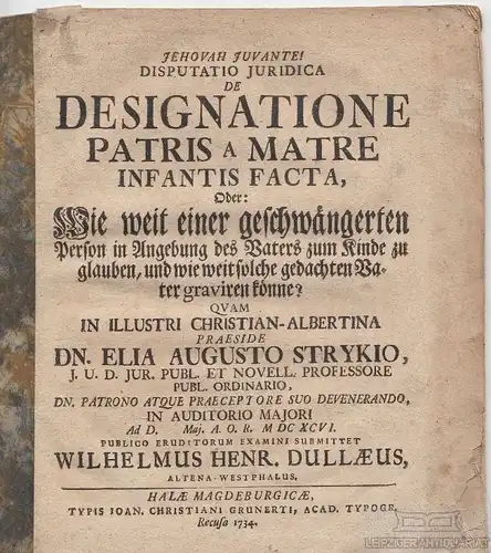 Buch: De Designatione Patris A Matre Infantis Facta, Stryk. 1734, gebraucht, gut