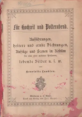 Buch: Für Hochzeit und Polterabend. Henriette Laudien, Verlag Jul. Bagel