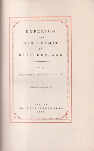 Buch: Hyperion oder der Eremit in Griechenland, Hölderlin, Friedrich. 1923