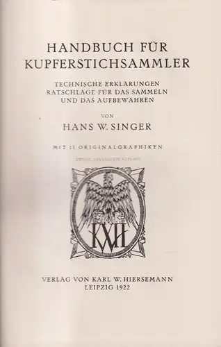 Buch: Handbuch für Kupferstichsammler. Hans W. Singer, 1922, Hieremann