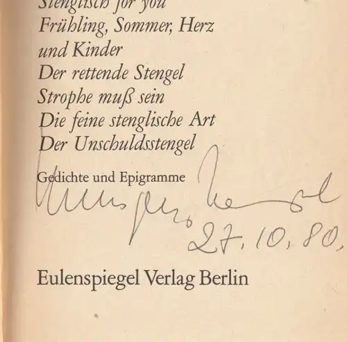Buch: Epigramme und Gedichte, Stengel, Hansgeorg. 1980, Eulenspiegel Verlag