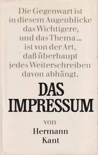 Buch: Das Impressum,  Roman. Kant, Hermann, 1974, Verlag Rütten & Loening