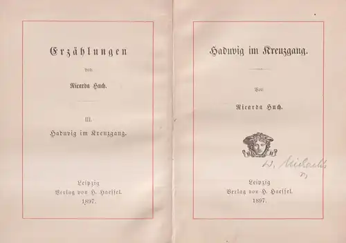 Buch: Haduvig im Kreuzgang, Ricarda Huch, 1897, H. Haessel, Erzählungen Band 3