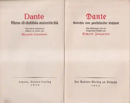 Buch: Gedichte von zweifelhafter Echtheit, Dante, 1912, Xenien, zweisprachig