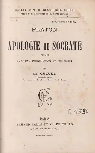 Buch: Apologie de Socrate, Platon, 1890, Armand Colin, Griechisch & Französisch