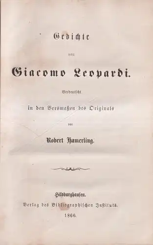 Buch: Gedichte, Leopardi, Giacomo, 1866, Bibliographisches Institut