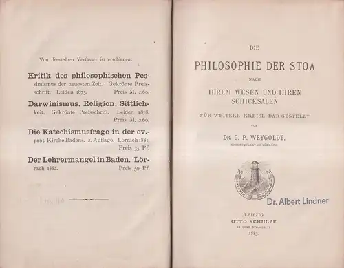 Buch: Die Philosophie der Stoa, G. P. Wygoldt, 1883, Otto Schulze, gebraucht gut