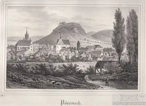 Pöesneck. Original-Lithographie. Grafik mit Passepartout. Kunstgrafik, 1840