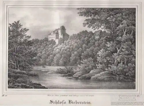 Schloß Bieberstein. Original-Lithographie. Grafik mit Passepartout, Arldt. 1840