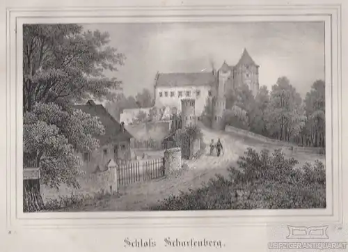 Schloß Scharfenberg. Original-Lithographie. Grafik mit Passepartout. Kunstgrafik