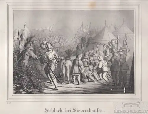 Schlacht bei Sievershausen. Original-Lithographie. Grafik mit Passepartout. 1840