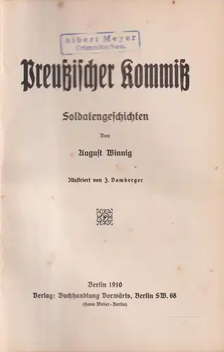 Buch: Preußischer Kommiß, Soldatengeschichten, August Winnig, 1910, Vorwärts