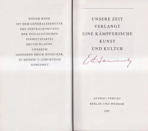 Buch: Unsere Zeit verlangt eine kämpferische Kunst und Kultur, Erich Honecker EA