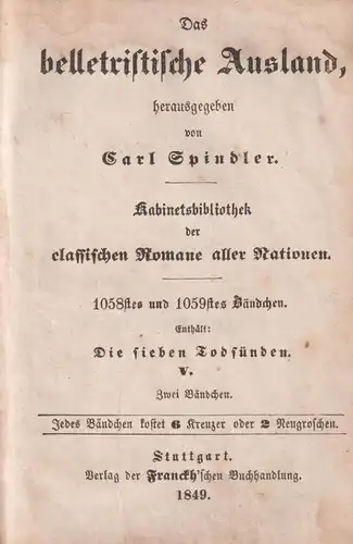 Buch: Die sieben Todsünden V. Die Trägheit, Band 1, Eugene Sue, 1849, Franckh