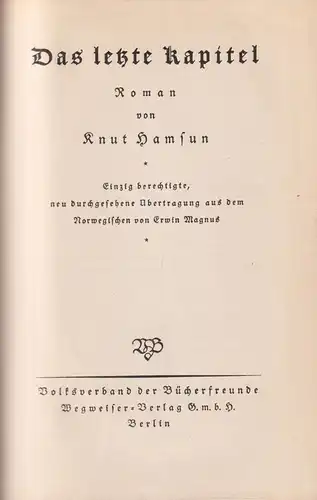 Buch: Das letzte Kapitel, Roman, Hamsun, Knut. 1924, Wegweiser / Bücherfreunde