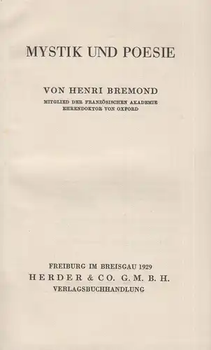 Buch: Mystik und Poesie. Bremond, Henri, 1929, Verlag Herder, gebraucht, gut