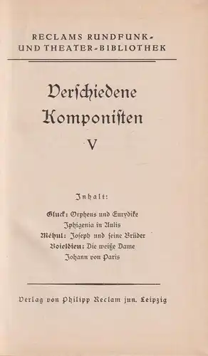 Buch: Verschiedene Komponisten V, Kruse, Reclams Rundfunk- & Theater-Bibliothek