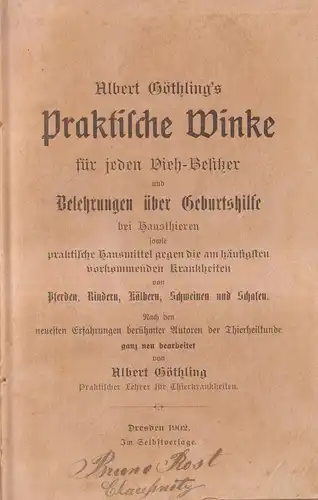 Buch: Praktische Winke für jeden Vieh-Besitzer, Göthling, Albert, 1902