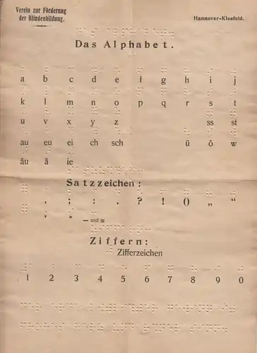 Blatt: Das Alphabet, Satzzeichen und Ziffern. Brailleschrift, Blindenschrift