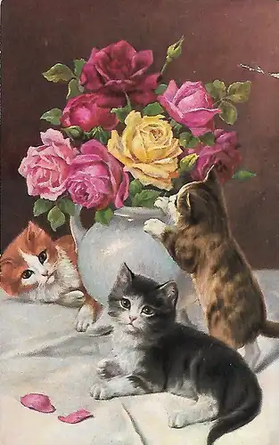 AK Jungkatzen mit Blumenvase und Rosen, ca. 1973, gebraucht, gut