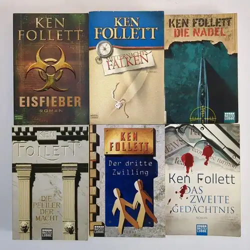 6 Bücher Ken Follett: Eisfieber, Nadel, Pfeiler der Macht, Gedächtnis, Zwilling