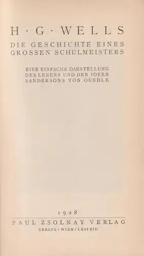 Buch: Die Geschichte eines großen Schulmeisters, H. G. Wells, 1928, Paul Zsolnay